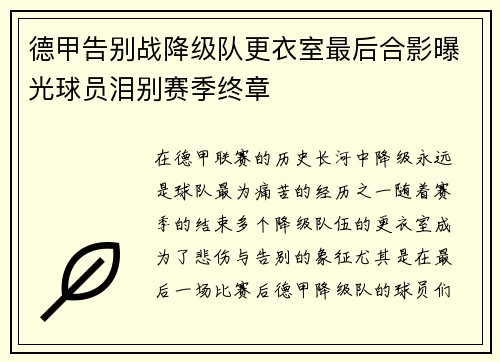 德甲告别战降级队更衣室最后合影曝光球员泪别赛季终章